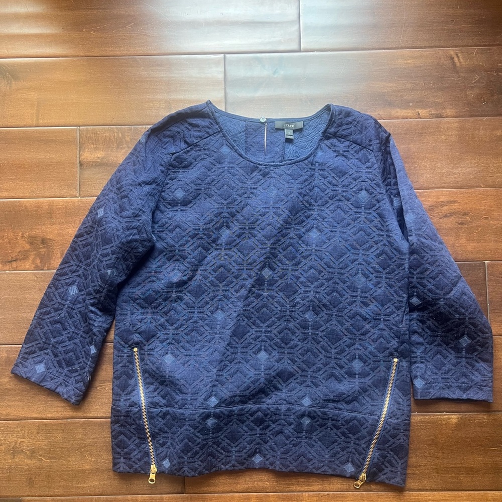 J Crew Matelasse Zip Top Size 6 Navy Blouse with Gold Zippers